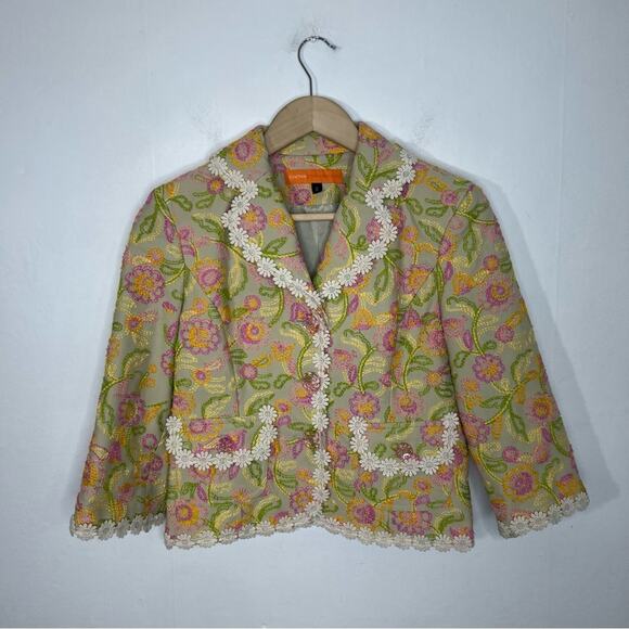 Cynthia Steefe Yellow Pink Embroidered Floral Lace Blazer Size 4 - Picture 1 of 16